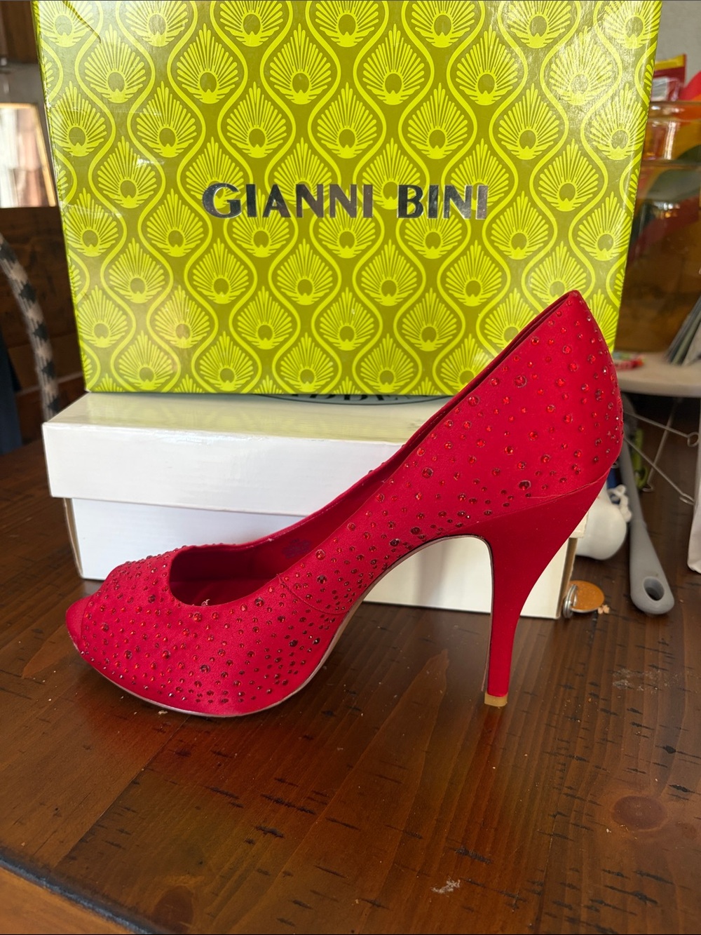 Gianni Bini Red Rhinestone Peep-Toe Heels